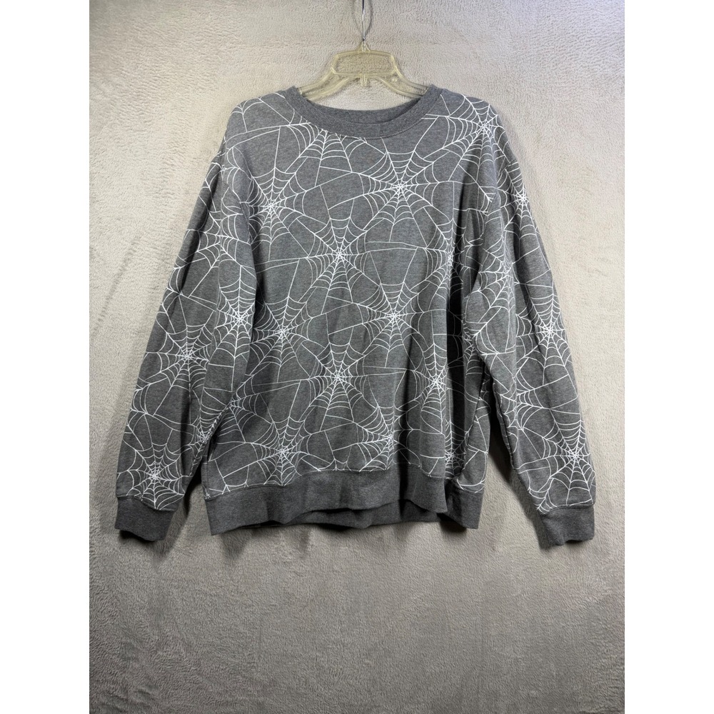Doe Halloween Sweatshirt Women XL Gray Spider Web Print Goth Graphic Pullover